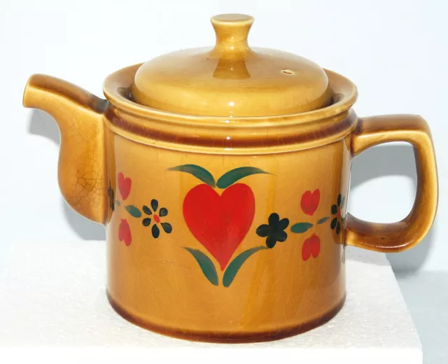 Vintage Arthur Wood Teapot with Handpainted Folk Art Flowers Heart Signed #5529