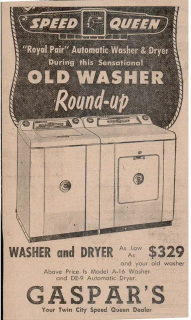 1950's Speed Queen "Royal Pair" Washing Machine Gaspar's Store Newspaper Ad
