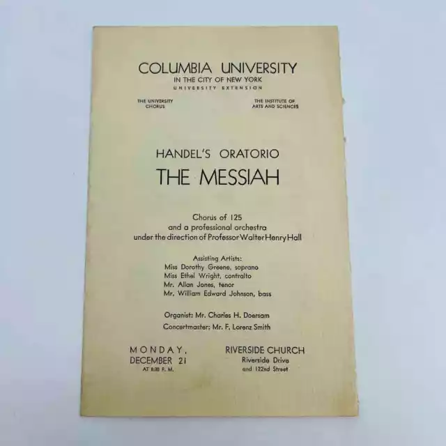 1920s Columbia University NY Handel’s Oratorio THE MESSIAH Program D4