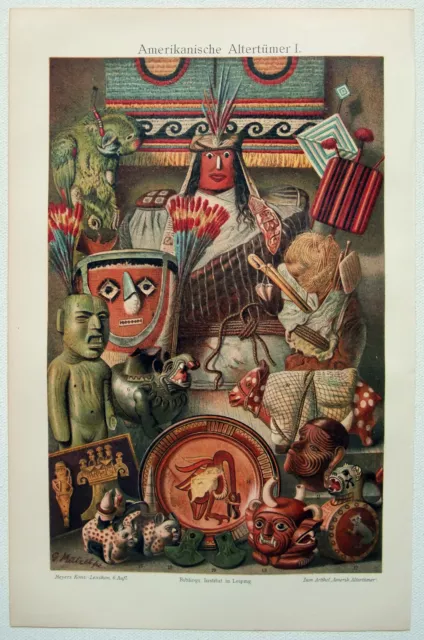 Native C&S American Artifacts - Original 1905 Chromo-Lithograph by Meyers.