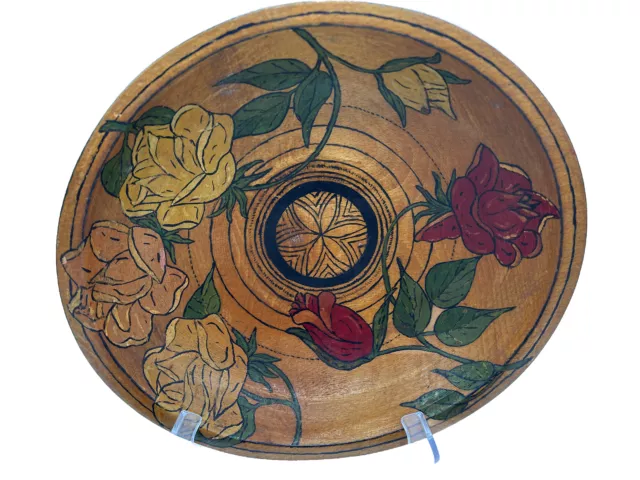 VTG Set of 3 Munising Wooden Bowl Candle Stick Holder Paint Flower Rose Folk Art 2