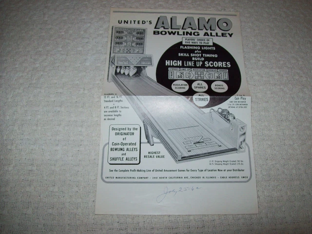 UNITED ALAMO BOWLING ALLEY BIG BALL BOWLER GAME ORIG SALES FLYER Vintage Promo