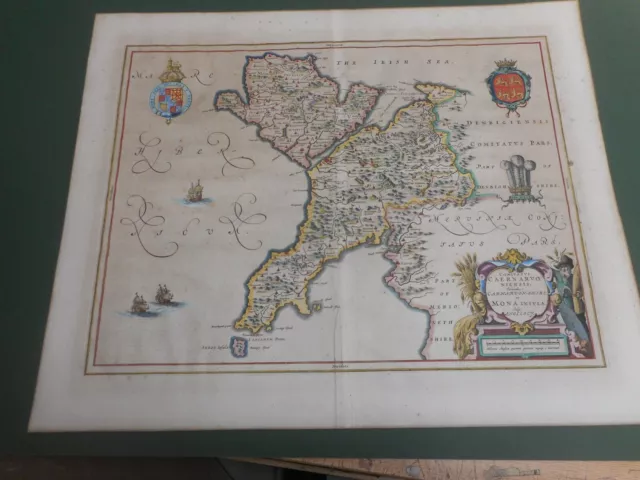100% Original Large Caernarvonshire Angelsea North Wales Map By J Blaeu C1646