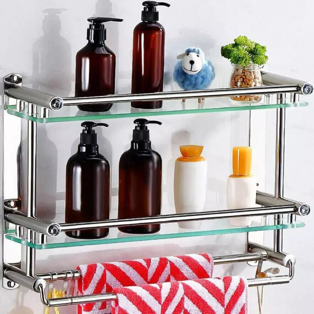 Wall Mounted 3Tier Towel Rack Bathroom Rail Holder Glass Storage Shelf Organizer