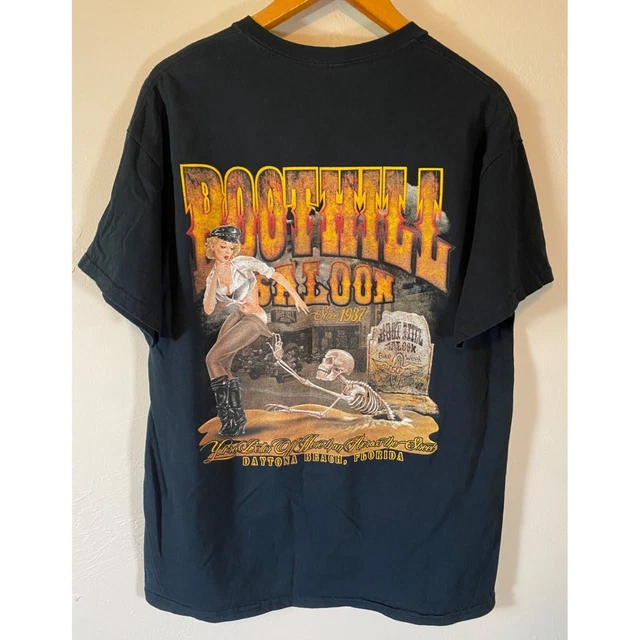 Boot Hill Saloon Daytona Beach Florida Pin Up Skeleton Grave T-Shirt Large Black