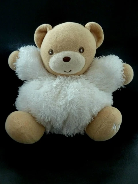 N5. DOUDOU PELUCHE BOULE KALOO OURS FOURRURE BLANC BEIGE 18cms allongé - TBE