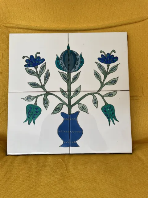 Lovely Decorative Art Nouveau Style 4 Tile Mounted Floral Plaque 30cm Square