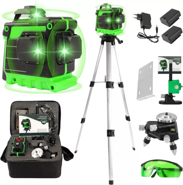 Niveau Laser Vert 3D 12 Lignes Trépied Niveau Laser 360 Autonivelant Lazer Rotat