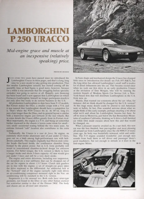 1973 LAMBORGHINI P250 URACCO Original Genuine ROAD TEST W/specs ~ FREE SHIPPING!