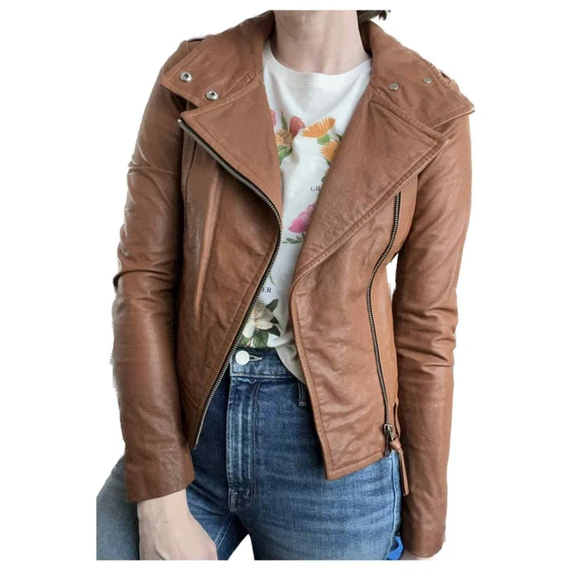 Mackage Lambskin Leather Moto Jacket Brown Cognac XS