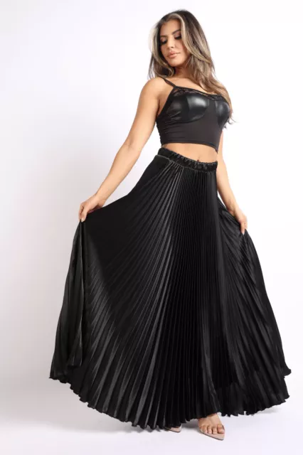 Women's Elastic High Waist A-Line Pleated Satin Maxi Skirt Formal Prom Party