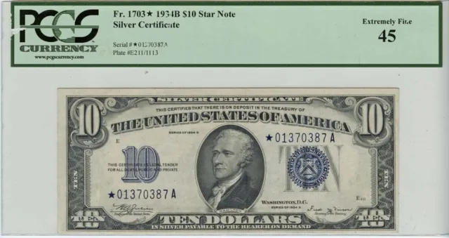 1934-B $10 Silver Certificate Star FR-1703* PCGS XF45 Rare Star Note