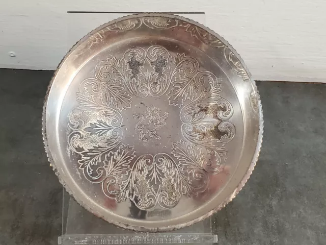 Vintage Silver Plated Circular Tray Dish Engraved w/Lion 5'', 15oz