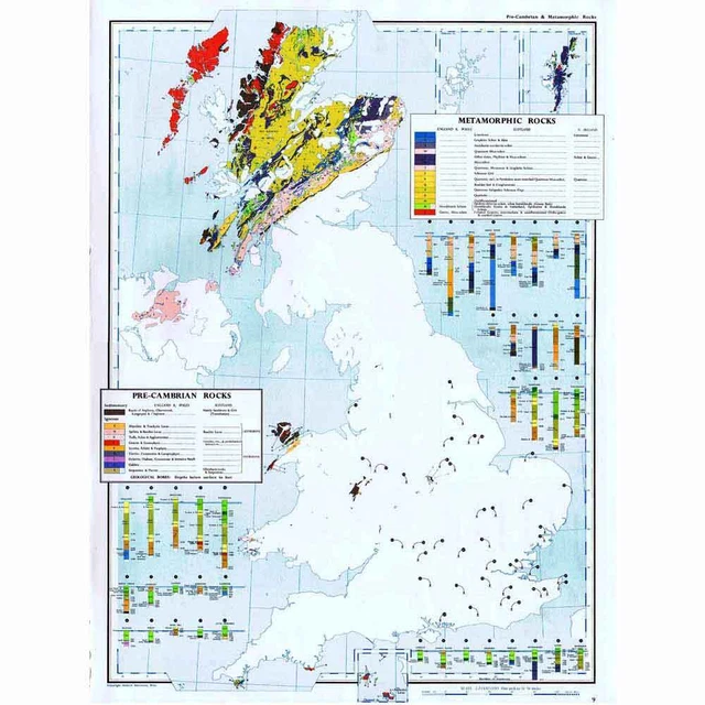 Uk Locationsof Metamorphic Rocks BRITISH ISLES METAMORPHIC and Pre-Cambrian Rocks - Vintage Map 1963 £9. ...