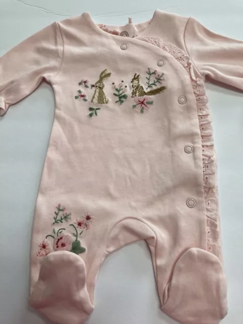 Preemie baby girl footie from UK's NEXT pink with ruffle & embroidery bunny