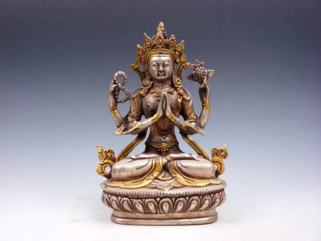 Vintage Tibetan Silver Plated Gold Gilt Copper 4 Arms Kwan-Yin Buddha Statue