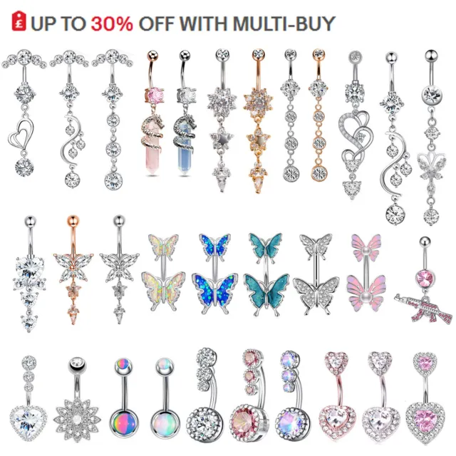 Surgical Steel Belly Bar Multi Style Navel Button Ring Gem Dangle Body Piercing