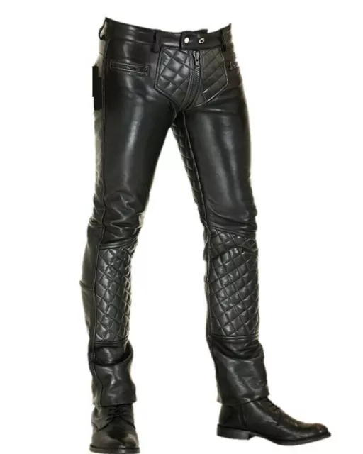 Men Fetish Kink Cowhide Leather Pants with Jock strap Trousers Gay Leder