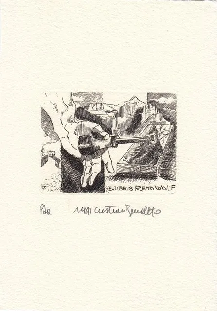 Exlibris Bookplate Radierung Cristiano Beccaletto 1948 Remo Wolf Radierwerkzeug
