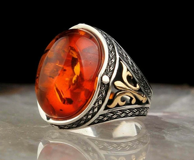 TURQUE HANDMADE 925 Argent Sterling Pierre Ambre de Luxe Homme