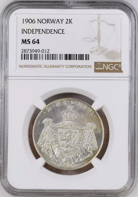 Norway 1906 2 Kroner - Haakon VII Independence  NGC MS64 (mintage : 100,000)