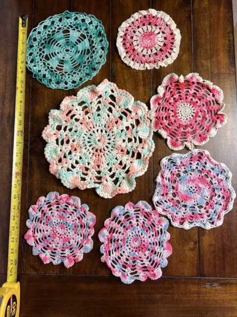 Lot Of 7  Hand Crocheted Doilies  Pink, Blue, White, Teal coral Round Vtg