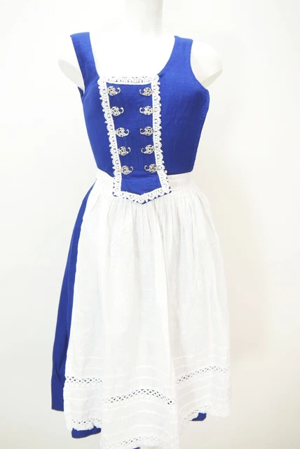 Carrello di lino blu fatto a mano e pizzo favoloso dirndl con grembiule taglia 32