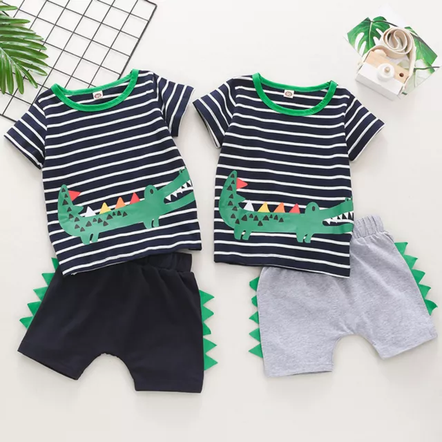 Toddler Kids Baby Boys Stripe Cartoon Crocodiles T-shirt Tops+Shorts Outfits Set