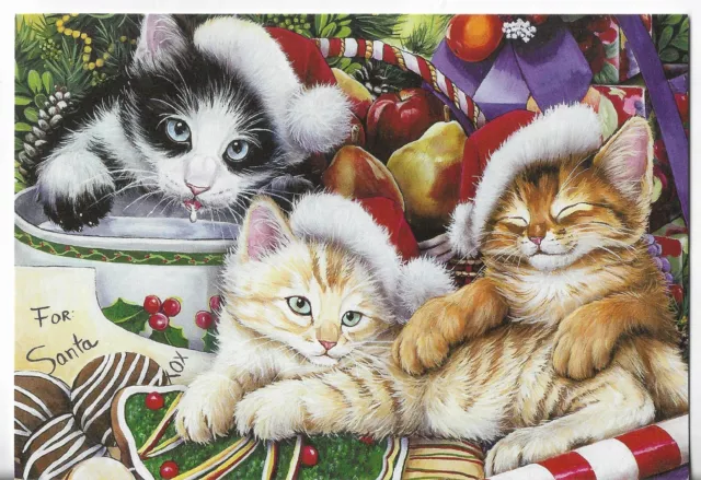 NEW LEANIN' TREE Christmas Card approx 4.75x6.75 Three Kittens w/Santa Caps