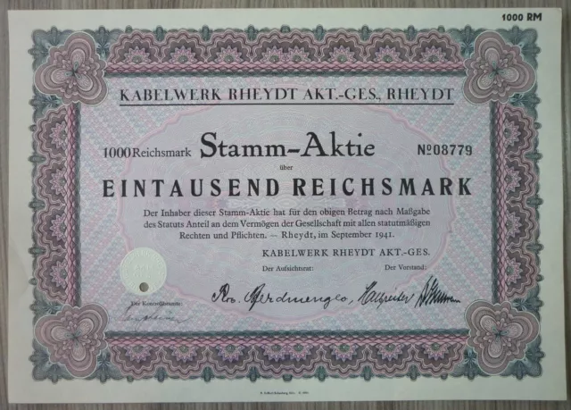 Aktie, Kabelwerke Rheydt AKT.- GES, Rheydt 1941,                      (Art.3190)