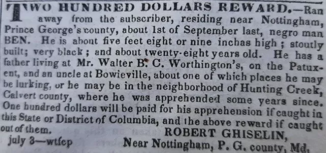 Washington DC newspaper, August 7, 1841, Runaway slave and other slave adds