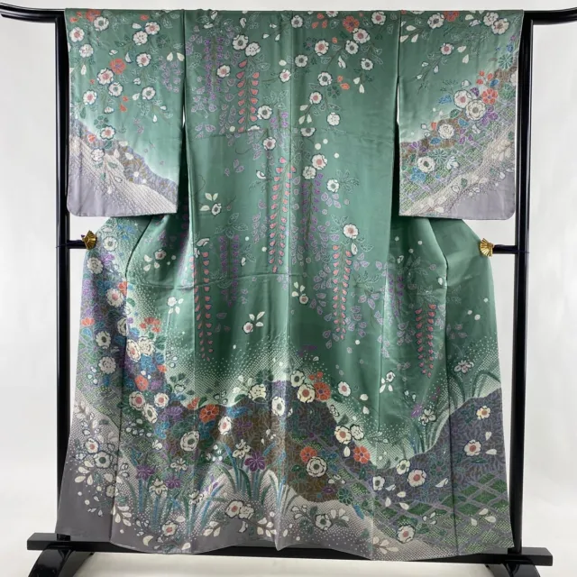 Japanese Kimono Silk Houmongi Vintage Gold Green Wistaria Camellia Flower 62in
