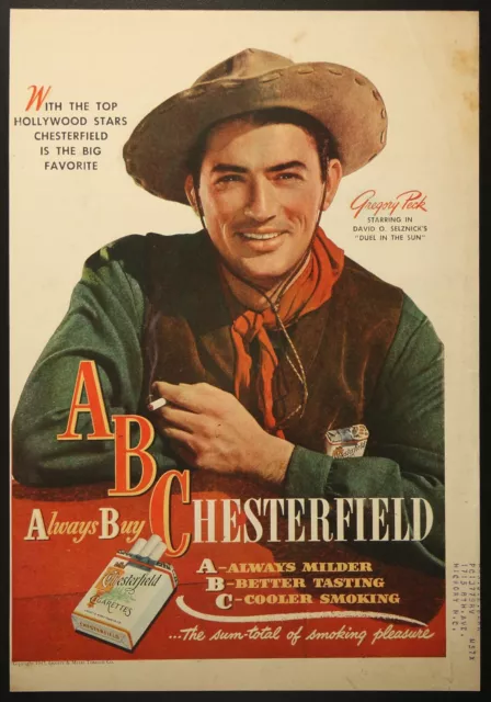 Chesterfield Cigarettes Hollywood Star Gregory Peck Vintage Print Ad 1947