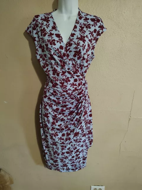 Pretty Blue & Maroon Floral Print Wrap Dress Sz Medium Lark & Ro Gathered Waist