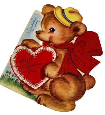 Vintage Valentines Card Die-Cut Bear Holding Heart Hello On Valentine's Day