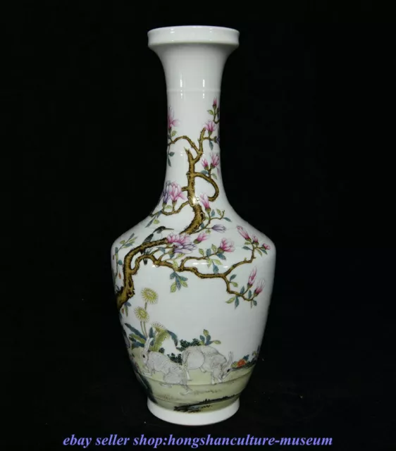 13.6 "Yongzheng Marked China  Colour Enamel Porcelain Dynasty rabbit Bottle Vase