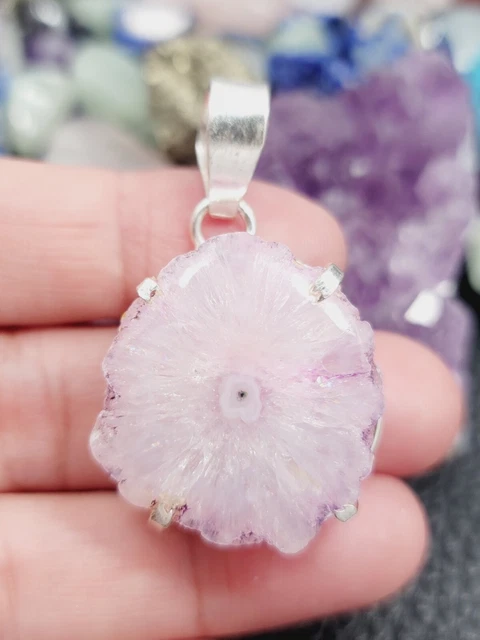 Pink Solar Drusy Quartz Slide Sterling Silver Pendant 1.75" WaterWave  Chain 20"