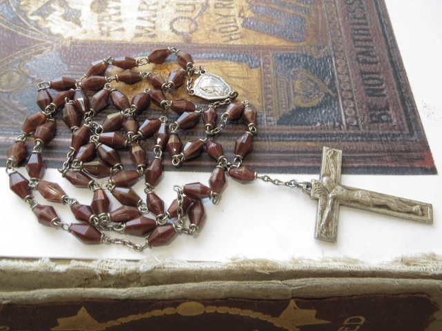 C1930's Vintage Art Deco Brown Bicone Glass Beads Silvered Rosary-Signed Penin