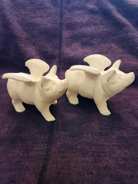 Shabby White Die Cast Iron When Pigs Fly /Guardian Angel Figurine Paperweight