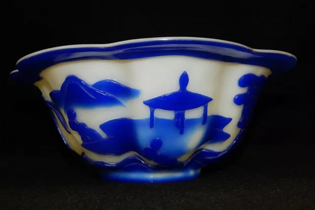 Old Chinese Peking Glass Bowl Blue Scenic Mountain Pagoda Vintage Antique