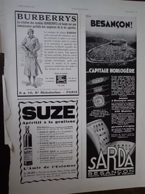 SARDA BESANCON + SUZE + BURBERRYS Paper Advertising Watch ILLUSTRATION 1933
