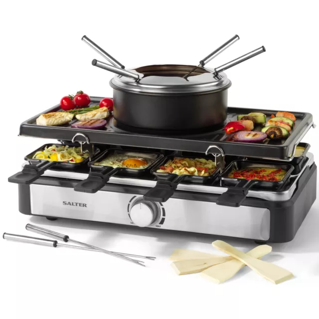Salter Electric Raclette Grill Non-Stick 8Piece Set 2in1 With Fondue Dipping Pot