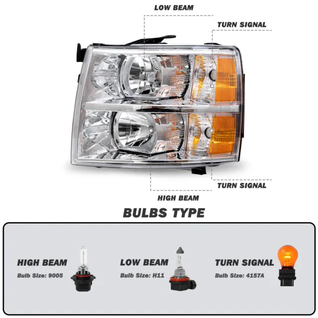 Chrome Headlights For 2007-2014 Chevy Silverado 1500 2500HD 3500HD Assembly L+R 3