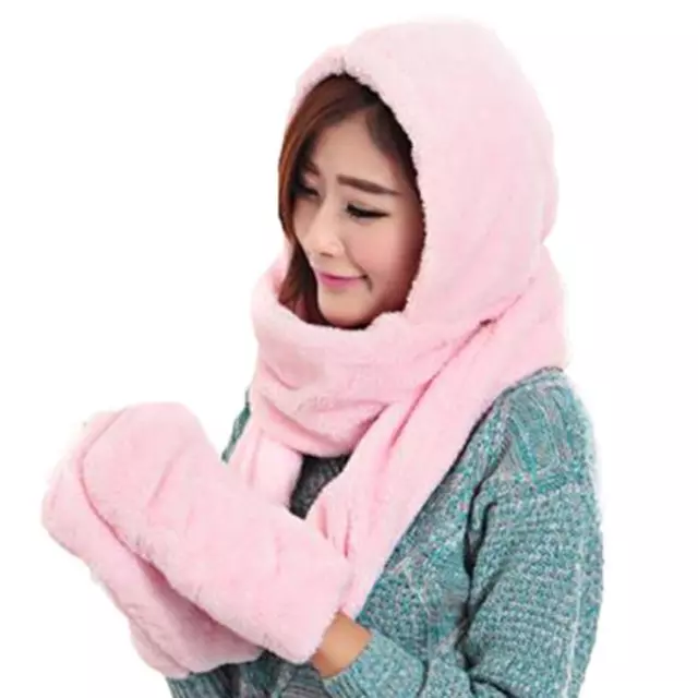 Ladies 3 In 1 Winter Warm Fluffy Hood Scarf Hat Snood Pocket Hats Gloves LC