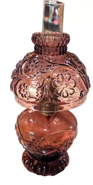 Vtg Amethyst Daisy Pattern Purple Glass Miniature Kerosene Oil Lamp Complete 10"