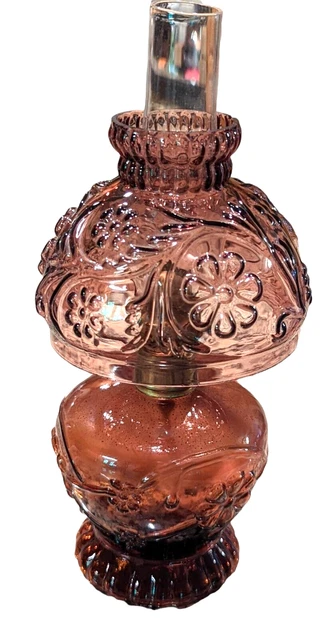 Vtg Amethyst Daisy Pattern Purple Glass Miniature Kerosene Oil Lamp Complete 10"
