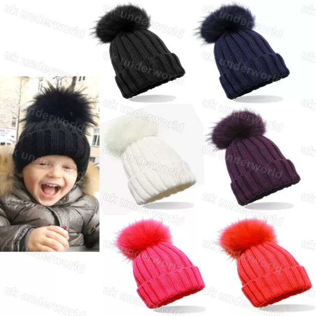 Childrens Beanie Hat Boys Girls Ribbed Chunky Knitted Bobble With Fur Pom Pom