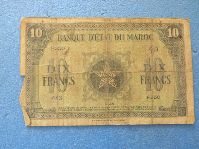 1943 Morocco Banque D'Etat Du Maroc 10 Dix Francs Banknote