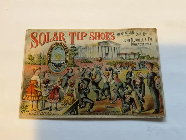 Circa 1880's SOLAR TIP SHOES Victorian Trade Card - John Mundell Phili. Pa