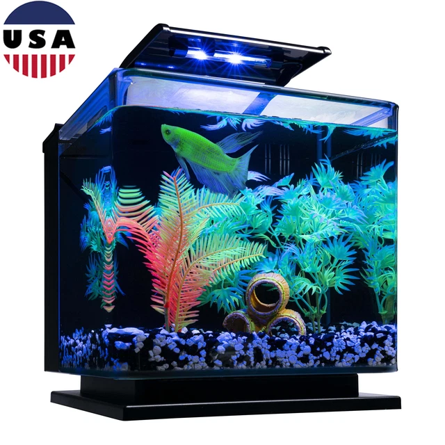 Glass Aquarium Kit Plants Fish Tank W/ LED Lighting Filter Living Room 3 Gal New